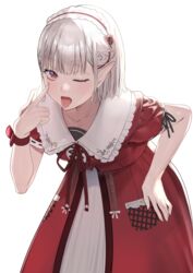  absurdres akanbe braid commentary_request dress earrings elf elu_(8th_costume)_(nijisanji) elu_(nijisanji) eyelid_pull female finger_to_cheek hand_on_own_hip highres jewelry leaning_forward looking_at_viewer maid_headdress momosuke_(ishakry) nijisanji one_eye_closed open_mouth pocket pointy_ears red_dress red_eyes ribbon short_hair short_sleeves simple_background solo tongue tongue_out virtual_youtuber white_background wrist_ribbon 