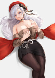  absurdres aran_sweater azur_lane bare_shoulders belfast_(azur_lane) belfast_(shopping_with_the_head_maid)_(azur_lane) beret black_bow black_choker black_pantyhose black_skirt blue_eyes bow breasts brown_sweater cable_knit choker cleavage commentary_request earrings feet_out_of_frame female grey_background grin hairbow hat highres hoop_earrings jewelry large_breasts long_hair long_sleeves looking_at_viewer miniskirt mippei nail_polish off-shoulder_sweater off_shoulder official_alternate_costume pantyhose pencil_skirt red_hat red_nails shawl simple_background skirt smile solo sweater thighs white_hair 