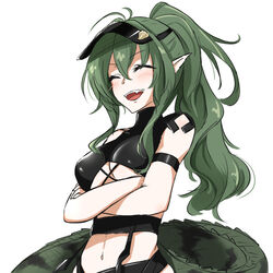  arknights arm_strap bikini black_bikini blush closed_eyes commentary_request crocodilian_tail crossed_arms female gavial_(arknights) green_hair linked_bikini long_hair maiq06 navel oerba_yun_fang official_alternate_costume open_mouth ponytail simple_background smile solo swimsuit tail teeth upper_body upper_teeth_only visor_cap white_background 