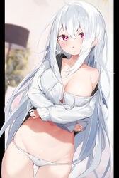  :o ass_visible_through_thighs black_jacket blurry blurry_background bow bow_panties breasts cleavage collarbone commentary_request cowboy_shot depth_of_field eyes_visible_through_hair female groin hair_between_eyes highres hood hood_down hooded_jacket jacket kamioka_shun&#039;ya large_breasts long_hair long_sleeves looking_at_viewer navel original panties parted_lips pillarboxed puffy_long_sleeves puffy_sleeves purple_eyes shiori_(kamioka_shun&#039;ya) sleeves_past_wrists solo underwear undressing very_long_hair white_hair white_panties 