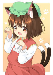  :3 :d animal_ear_fluff animal_ear_piercing animal_ears bad_id bad_twitter_id beige_background blush border bow bowtie brown_eyes brown_hair cat_day cat_ears cat_tail chen female flat_chest gold_trim green_hat hands_up hat highres inactive_account long_sleeves looking_ahead mob_cap multiple_tails nekomata oerba_yun_fang open_mouth outside_border paw_pose paw_print paw_print_background pila-pela red_skirt red_vest shirt short_hair simple_background skirt smile solo tail touhou two_tails upper_body vest white_border white_bow white_bowtie white_shirt 