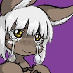  1:1 ambiguous_gender anthro begging blush bodily_fluids brown_body brown_fur buneposter color_edit colored colored-in colored-in_version fur hair made_in_abyss nanachi narehate portrait purple_background shaded simple_background solo tears third-party_edit white_hair yellow_eyes 