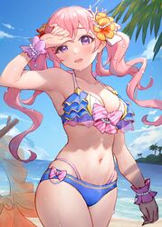  arm_up beach bikini blue_bikini blush bow breasts cleavage collarbone commentary cowboy_shot day female flower frilled_bikini frills hair_flower hair_ornament hairbow halterneck heart highres large_breasts long_hair looking_at_viewer navel ocean open_mouth orange_flower outdoors pink_bow pink_hair pink_scrunchie princess_connect! purple_eyes scrunchie skindentation solo striped striped_bow swimsuit takeashiro tsumugi_(princess_connect!) tsumugi_(summer)_(princess_connect!) twintails water wet wet_hair white_bow wrist_cuffs wrist_scrunchie 