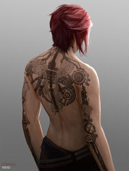  arcane:_league_of_legends arm_tattoo artist_name back back_focus back_tattoo belt black_belt brown_pants cheesewoo female from_behind gradient_background grey_background highres league_of_legends pants red_hair short_hair solo tattoo topless vi_(league_of_legends) 