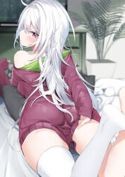  absurdres ass bare_shoulders barefoot bed blurry blurry_background blurry_foreground commentary_request depth_of_field female from_behind hair_between_eyes highres hood hood_down hoodie indoors kamioka_shun&#039;ya legs legs_up long_hair long_sleeves looking_at_viewer looking_back lying no_shoes off_shoulder on_stomach original pillow plant potted_plant purple_eyes purple_hoodie shiori_(kamioka_shun&#039;ya) single_thighhigh sleeves_past_wrists solo thighhighs very_long_hair white_hair white_thighhighs 