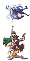  1boy 3girls :o aqua_(konosuba) arm_support arm_up armor armored_boots armpits ass belt black_bodysuit blonde_hair blue_eyes blue_footwear blue_hair blue_shirt blue_skirt blue_thighhighs blush bodysuit boots bow braid breasts brown_belt brown_cape brown_hair brown_headwear brown_legwear button_eyes buttons cape clenched_teeth commentary_request crossed_legs crown_braid darkness_(konosuba) detached_sleeves dress faulds floating fujitaka_nasu full_body green_bow green_cape grey_pants gundam gundam_narrative hair_between_eyes hair_ornament hair_rings hat highres holding hug kneeling kono_subarashii_sekai_ni_shukufuku_wo! large_breasts long_hair long_sleeves looking_at_another megumin multiple_girls narrative_formation no_panties nose_blush pants parody ponytail pose reaching red_dress red_eyes satou_kazuma shirt short_hair shoulder_armor sidelocks simple_background skirt sleeveless sleeveless_shirt smile staff teeth thigh_boots thighhighs thighhighs_under_boots wavy_mouth white_background white_sleeves witch_hat x_hair_ornament yellow_dress yellow_footwear zettai_ryouiki 