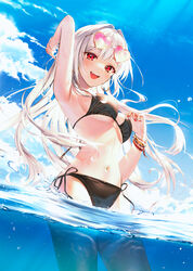  :d arm_up armpits bangle bare_shoulders bikini black_bikini blue_sky blush bracelet breasts commentary cowboy_shot day dutch_angle earrings eyewear_on_head female hair_intakes halterneck heart heart-shaped_eyewear highres hoop_earrings jewelry kh_(kh_1128) long_hair looking_at_viewer medium_breasts nail_polish navel oerba_yun_fang open_mouth original outdoors partially_submerged red_eyes red_nails revision side-tie_bikini_bottom sky smile solo standing stomach string_bikini sunglasses sweat swimsuit symbol-only_commentary teeth underboob upper_teeth_only wading water wet white_hair yellow-framed_eyewear 