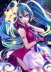  blue_eyes blue_hair blush breasts closed_mouth commentary dress female gloves hair_between_eyes hatsune_miku headset holding long_hair looking_at_viewer magical_mirai_(vocaloid) magical_mirai_miku magical_mirai_miku_(2022) medium_breasts mixed-language_commentary pleated_dress red_dress red_gloves shiomizu_(swat) sleeveless sleeveless_dress smile solo star_(symbol) twintails two-tone_dress very_long_hair vocaloid white_dress 