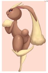  2023 absurd_res ambiguous_gender an-tonio ass brown_body brown_tail fur generation_4_pokemon hi_res lagomorph looking_at_viewer lopunny mammal nintendo on_model on_one_leg one_calf_up open_mouth pink_tongue pokemon pokemon_(species) raised_calf red_eyes scut_tail shaded short_tail simple_background smile solo standing tail tan_background tongue 