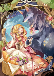  :d alcohol bad_id bad_tumblr_id big_bad_wolf blonde_hair blue_eyes bread coco7 commentary_request eye_contact female flower food gun happy little_red_riding_hood little_red_riding_hood_(grimm) long_hair looking_at_another open_mouth rose shotgun smile weapon wine wolf 