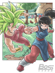  1boy 2girls battle black_eyes black_hair bosstseng breasts cameo chi-chi_(dragon_ball) chinese_clothes clenched_teeth commentary_request crop_top dougi dragon_ball dragon_ball_(classic) dragon_ball_super earrings fighting grass highres house jewelry kefla_(dragon_ball) lips medium_breasts midriff multiple_girls outside_border photoshop_(medium) pikachu pokemon pokemon_(creature) ponytail potara_earrings river sidelocks signature son_goku super_saiyan teeth toned tree watermark wristband 