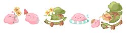  ^_^ closed_eyes closed_mouth coco7 commentary ditto english_commentary facing_another flower full_body hat holding holding_flower innertube looking_at_viewer no_humans pokemon pokemon_(creature) simple_background smile sunflower swim_ring torterra white_background 