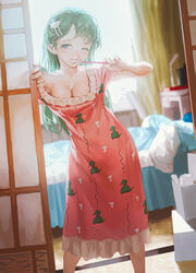  absurdres animal_print bad_id bad_pixiv_id bed blush breasts brushing_teeth cleavage commentary congming_lan curtains feet_out_of_frame female fingernails frills frog_hair_ornament green_hair hair_ornament highres holding indoors kochiya_sanae long_hair looking_at_viewer medium_breasts morning nightgown one_eye_closed photoshop_(medium) short_sleeves shouji sliding_doors solo toothbrush touhou 