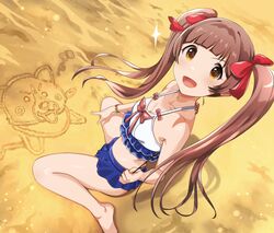  :d absurdres bad_id bad_twitter_id bare_arms bare_legs barefoot bikini bikini_skirt blue_skirt blunt_bangs blush bow bow_bikini breasts brown_eyes brown_hair cleavage collarbone drawing female frilled_bikini frills from_above hair_ribbon hakozaki_serika halterneck hanamasa_ono highres idolmaster idolmaster_million_live! light_particles long_hair looking_at_viewer open_mouth outdoors red_bow red_ribbon ribbon sand sitting skirt small_breasts smile solo swimsuit twintails two-tone_bikini yokozuwari 