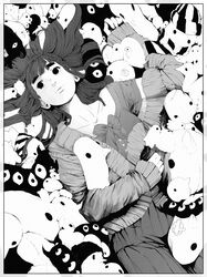  arm_up bandages beanie black_border border bow closed_mouth collarbone commentary cowboy_shot expressionless female greyscale hair_spread_out hat highres holding holding_stuffed_toy long_hair long_sleeves lying monochrome on_back onodera_punpun oyasumi_punpun pleated_skirt scarf screentones skirt stuffed_animal stuffed_toy sukerufun sweater tanaka_aiko 