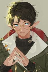  1boy al_rashad al_rashad_(fire) androgynous bad_id bad_twitter_id blue_eyes brown_hair dark-skinned_male dark_skin earrings elf glasses hoeeee_s2 jewelry looking_to_the_side lord_of_heroes male_focus pointy_ears ring solo stud_earrings 