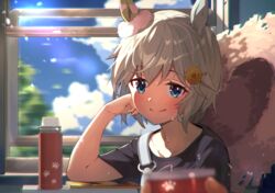  animal_ears black_shirt blue_eyes blue_sky commentary day ear_covers female flower hair_flower hair_ornament hairclip hat head_rest horse_ears horse_girl light_green_hair looking_at_viewer overalls panda_inu seiun_sky_(umamusume) shirt short_hair short_sleeves single_ear_cover sky smile straw_hat sweat t-shirt thermos train_interior umamusume upper_body window yellow_flower 