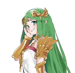  aqua_eyes armlet bracer breasts circlet female green_hair grin hand_on_own_cheek hand_on_own_face hand_up happy jewelry kid_icarus kid_icarus_uprising laurel_crown long_hair looking_at_viewer medium_breasts neck_ring necklace nishikuromori palutena parted_bangs simple_background smile solo straight_hair strapless swept_bangs tareme tiara upper_body very_long_hair white_background 