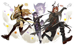  &gt;_&lt; 1boy 2girls animal_ears arknights armband belt black_footwear black_gloves black_headwear black_jacket black_pants black_shirt black_skirt boots candy canine ceobe_(arknights) closed_eyes commentary_request dur-nar_(arknights) dust_cloud flying_sweatdrops food fox_tail full_body gloves grey_headwear hat highres holding holding_leash horns jacket knee_boots knee_pads leash lollipop long_hair long_sleeves medium_hair multiple_girls oerba_yun_fang open_mouth pants purple_eyes purple_hair red_hair running semi_(p-poco) sesa_(arknights) shirt skin_fang skirt smile sweat swirl_lollipop tail tongue tongue_out white_background wristband 