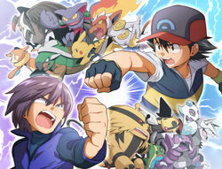  2boys aggron baseball_cap black_eyes black_hair buizel clenched_hand clenched_hands commentary_request drapion electivire fingerless_gloves froslass gastrodon gastrodon_(east) gliscor gloves hair_between_eyes hat infernape jacket james_(jms-pnt) male_focus multiple_boys ninjask open_mouth paul_(pokemon) pikachu pokemon pokemon_(anime) pokemon_(creature) pokemon_dppt_(anime) red_headwear satoshi_(pokemon) short_hair short_sleeves slug spiked_hair staraptor teeth tongue torterra 