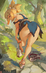  artist_name ass bare_shoulders bent_over blonde_hair blue_eyes breasts commentary cross-laced_sandals cutesexyrobutts dr._stone english_commentary feet female from_behind high_heels highres kohaku_(dr._stone) looking_at_viewer looking_back patreon_logo patreon_username platform_footwear ponytail sandals soles solo tree web_address wedge_heels 