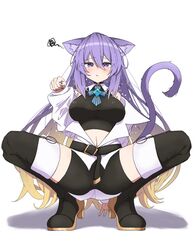  absurdres animal_ears bare_shoulders boots breasts cat_ears cat_tail colored_inner_hair crop_top female full_body highres hololive hololive_indonesia long_hair looking_at_viewer midoku_(itijikusakura) moona_hoshinova moona_hoshinova_(1st_costume) multicolored_hair nail_polish paw_pose purple_eyes purple_hair shirt solo spread_legs squatting squiggle starry_hair tail thigh_boots two-tone_hair virtual_youtuber 