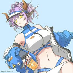  animal_ears arknights bare_shoulders bikini black_gloves blue_background blue_jacket bonjirix breasts commentary_request female fingerless_gloves gloves highres horns jacket long_sleeves looking_at_viewer navel off_shoulder official_alternate_costume open_clothes open_jacket parted_lips purple_hair short_hair sideroca_(arknights) sideroca_(light_breeze)_(arknights) simple_background solo stomach swimsuit upper_body white_bikini yellow_eyes 