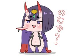  bob_cut chibi commentary_request cup eyeshadow fate/grand_order fate_(series) female full_body highres horns japanese_clothes kimono makeup navel oerba_yun_fang open_clothes open_kimono open_mouth purple_eyes purple_hair rei_(rei_rr) revealing_clothes sakazuki shuten_douji_(fate) skin-covered_horns smile solo translated 