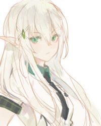  commentary_request elf female green_eyes hair_ornament hairclip kuzuvine long_hair looking_at_viewer lord_of_heroes necktie olivia_pavlichenko olivia_pavlichenko_(earth) pale_skin pointy_ears shirt simple_background solo tsundere white_background white_hair 