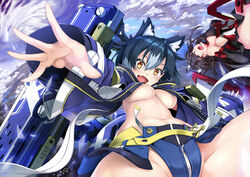  2girls :d absurdres animal_ear_fluff animal_ears armlet armored_leotard black_gloves black_legwear black_leotard black_skirt blue_jacket blue_shorts breasts cloud commentary_request covered_nipples crotch_zipper dog_ears elbow_gloves eyebrows_hidden_by_hair floating from_below gloves groin hair_between_eyes highres jacket large_breasts leotard long_hair long_sleeves looking_at_viewer machinery mecha_musume micro_shorts midriff multicolored_hair multiple_girls navel oerba_yun_fang open_clothes open_jacket open_mouth original photoshop_(medium) rigging short_hair shorts side_slit sideboob sidelocks skin_fang skirt sky sleeves_past_wrists smile thighhighs two-tone_hair underboob upper_body yellow_eyes zelitto zipper 