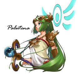  armlet blue_eyes bracelet character_name circlet closed_mouth female frown green_hair holding holding_staff jewelry kid_icarus long_hair looking_away necklace nishikuromori palutena parted_bangs simple_background solo staff strapless very_long_hair white_background 