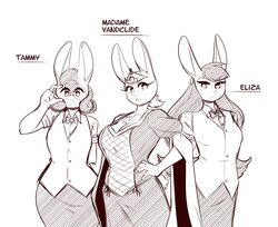  anthro averyshadydolphin big_breasts breasts bunny_(averyshadydolphin) cleavage clothed clothing crown eliza_(averyshadydolphin) eyewear female glasses group headgear hi_res lagomorph leporid looking_at_viewer mammal rabbit tammy_(averyshadydolphin) tiara 