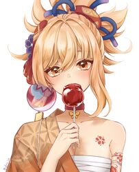  arm_tattoo bad_id bad_pixiv_id breasts candy_apple check_commentary chest_sarashi chest_tattoo choker cleavage collarbone commentary_request covering_own_mouth eating female food genshin_impact hair_between_eyes hair_ornament head_tilt highres holding holding_food japanese_clothes long_hair looking_at_viewer ponytail red_choker ria_(yfvv_ria) sarashi sidelocks simple_background solo tattoo white_background yoimiya_(genshin_impact) 