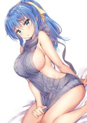  backless_outfit bare_arms bare_shoulders blue_eyes blue_hair blush breasts commentary_request dutch_angle female frown gakkou_de_seishun! hair_ribbon highres kanzaki_ayane large_breasts long_hair looking_at_viewer meme_attire no_bra parted_lips ponytail ribbon sanshoku_amido sideboob simple_background sitting solo thighs virgin_killer_sweater white_background 