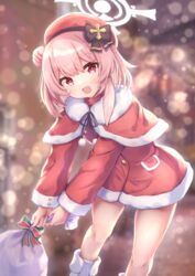  bare_legs black_gloves blue_archive christmas female gloves halo handbell hat highres matsu520 official_alternate_costume pink_eyes pink_hair santa_costume santa_hat serina_(blue_archive) serina_(christmas)_(blue_archive) solo thighs 