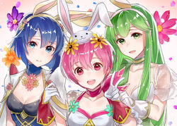  3girls animal_ears blue_eyes blue_hair breasts catria_(fire_emblem) catria_(spring)_(fire_emblem) cleavage closed_mouth commentary_request est_(fire_emblem) est_(spring)_(fire_emblem) fake_animal_ears fire_emblem fire_emblem:_mystery_of_the_emblem fire_emblem_heroes flower gloves green_eyes green_hair hair_flower hair_ornament haru_(nakajou-28) headband highres long_hair multiple_girls open_mouth palla_(fire_emblem) palla_(spring)_(fire_emblem) petals pink_eyes pink_hair rabbit_ears see-through see-through_sleeves short_hair siblings sisters upper_body v white_headband 