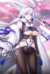  animal_ears bindong blue_hairband bondage breasts brown_pantyhose bug butterfly coat commentary contrapposto dual_wielding female fur_coat fur_collar hairband highres holding holding_sword holding_weapon large_breasts long_hair looking_at_viewer navel original pantyhose parted_lips purple_eyes rabbit_ears revealing_clothes sidelocks solo star_(sky) stomach sword symbol-only_commentary underboob very_long_hair weapon white_coat white_hair wind 