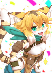  :3 animal_ear_fluff animal_ears animal_nose arm_pouch arm_warmers armband bandana blonde_hair blue_shorts blush body_fur breasts brown_fur brown_hair commentary_request confetti corset cowboy_shot female fur-trimmed_arm_warmers fur_trim furry furry_female green_eyes hair_flaps happy highres hip_vent horokusa_(korai) looking_at_viewer medium_breasts medium_hair mia_(world_flipper) multicolored_hair oerba_yun_fang open_mouth partial_commentary pouch shirt shorts sidelocks sleeveless sleeveless_shirt smile solo sparkle standing striped_fur striped_tail tail tail_raised tiger_ears tiger_girl tiger_tail white_background white_fur white_hair white_shirt world_flipper yellow_fur 