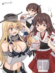  3girls akagi_(kancolle) apron blonde_hair blue_eyes blue_hakama breasts brown_eyes brown_hair flight_deck food front-tie_top hakama hakama_short_skirt hakama_skirt headgear ice_cream ice_cream_scoop iowa_(kancolle) japanese_clothes kaga_(kancolle) kantai_collection large_breasts long_hair multiple_girls muneate protected_link red_hakama rin_(rin_niji) side_ponytail simple_background skirt star-shaped_pupils star_(symbol) straight_hair symbol-shaped_pupils tasuki thighhighs upper_body white_background 