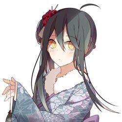  ahoge black_hair blush braid brown_eyes closed_mouth commentary_request danganronpa_(series) danganronpa_v3:_killing_harmony female floral_print flower fur_collar genderswap_(mtf) hair_between_eyes hair_flower hair_ornament hand_up holding japanese_clothes kimono long_hair looking_at_viewer obi print_kimono qiao_xing red_flower rule_63 saihara_shuichi sash simple_background sleeves_past_wrists solo wide_sleeves yellow_eyes 