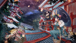  3girls absurdres animal_ears architecture azur_lane black_kimono blue_hair breasts commentary east_asian_architecture feather_trim fireworks flower folding_fan friedrich_der_grosse_(azur_lane) friedrich_der_grosse_(dark_raiments_of_gagaku)_(azur_lane) fur-trimmed_kimono fur_trim green_eyes green_kimono hair_ears hair_flower hair_ornament hair_over_one_eye hand_fan highres holding holding_fan horn_ornament horns hoshino_(illyasviel) japanese_clothes kimono large_breasts long_hair low_neckline mechanical_horns montpelier_(azur_lane) montpelier_(flower_of_the_snowy_night)_(azur_lane) multiple_girls new_year off_shoulder official_alternate_costume oil-paper_umbrella outdoors pink_flower rabbit_ears red_eyes red_horns red_kimono sash semi-rimless_eyewear sideboob sitting sleeveless sleeveless_kimono snowing souryuu_(azur_lane) souryuu_(the_crane_amidst_the_pines)_(azur_lane) umbrella very_long_sleeves welsh_corgi white_hair wide_sleeves yellow_eyes yellow_sash yukata 