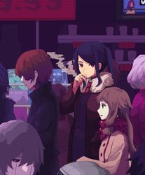  2girls android brown_hair cigarette crowd eluneh fur_collar gabrielle_(va-11_hall-a) highres jacket jill_stingray looking_at_viewer multiple_girls necktie purple_hair red_hair smoking television va-11_hall-a 