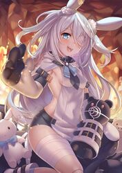  :d animal_ears arm_up armpits bandage_over_one_eye bandaged_leg bandages bike_shorts black_shorts blue_eyes blush boots breasts commentary_request covered_navel doll_joints ear_tag elbow_gloves female fire gloves highres joints kneeling legs little_witch_nobeta long_hair looking_at_viewer monica_(little_witch_nobeta) official_art open_mouth rabbit_ears sharp_teeth short_shorts shorts sideboob sideless_outfit sitting small_breasts smile solo stuffed_animal stuffed_rabbit stuffed_toy tabard teddy_bear teeth thighs togami_(tobysou526) two_side_up very_long_hair white_footwear white_gloves white_hair white_tabard 