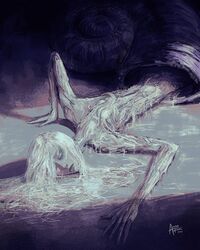  azure_meraki bloodborne closed_eyes closed_mouth dated highres horror_(theme) long_hair nude signature snail_shell snail_woman_(bloodborne) wet white_hair 