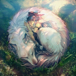  1:1 black_hair canid canine canis closed_eyes clothed clothing duo facial_markings female feral fur ghibli grass hair head_markings hi_res human larger_feral mammal markings mononoke_hime moro-no-kimi outside plant quadruped san_(princess_mononoke) size_difference sleeping smaller_human watermark white_body white_fur wolf yuumei 