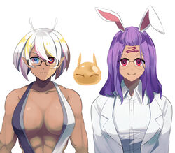  2girls absurdres animal_ears antennae breasts colored_skin crossover_nexus_project crossover_nexus_series dark-skinned_female dark_skin ericht_(isekai_monogatari) glasses highres isekai_monogatari_series lab_coat large_breasts medium_hair multicolored_eyes multicolored_hair multicolored_skin multiple_girls muscular muscular_female no_bra pointy_ears purple_hair rabbit_ears red_eyes rider_(isekai_monogatari) short_hair slime_(creature) tattoo tsang_fei two-tone_skin white_hair 