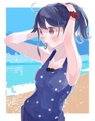  absurdres ahoge alternate_hairstyle beach black_hair blue_one-piece_swimsuit blue_skirt blue_sky brown_eyes cloud cowboy_shot female highres holding holding_own_hair horizon kantai_collection long_hair mouth_hold ocean official_alternate_costume one-piece_swimsuit pleated_skirt polka_dot polka_dot_one-piece_swimsuit polka_dot_swimsuit ponytail skirt sky solo suppaman_(rfjy) swimsuit swimsuit_under_clothes ushio_(kancolle) ushio_(swimsuit_mode)_(kancolle) 