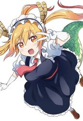  blonde_hair blush breasts colored_tips dragon_girl dragon_horns dragon_tail dress female floating_hair frills gloves gradient_hair green_tail hair_between_eyes hand_up horns kobayashi-san_chi_no_maidragon large_breasts long_hair maid_headdress multicolored_hair necktie oerba_yun_fang open_mouth orange_eyes orange_hair pinafore_dress scales sharumon short_necktie sleeveless sleeveless_dress slit_pupils solo tail tohru_(maidragon) twintails two-tone_hair v white_gloves 