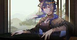  ambience_synesthesia arknights black_capelet black_shirt blue_hair breasts brown_sleeves capelet ch&#039;en_(arknights) cleavage commentary_request crop_top dragon_horns expressionless female gemi_25 hair_between_eyes highres horns instrument large_breasts laurel_crown long_hair looking_at_viewer low_twintails music playing_instrument red_eyes shirt solo tree twintails upper_body window yellow_nails zither 