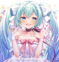  anniversary aqua_eyes aqua_hair bare_shoulders black_choker blush breasts bug butterfly butterfly_background choker cleavage collarbone commentary dress female hair_ribbon hatsune_miku highres kisukekun long_hair looking_at_viewer medium_breasts mixed-language_commentary open_mouth ribbon smile solo twintails vocaloid white_dress white_ribbon 